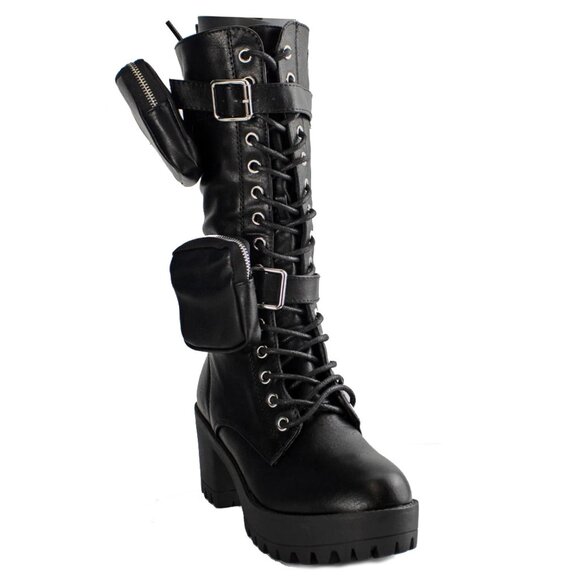 New Black Pouch Lace Up Long Combat Military Boots - Picture 3 of 3